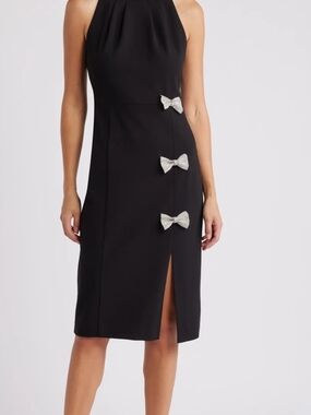 Eliza J Black Halter Midi Dress with Silver Bow Details